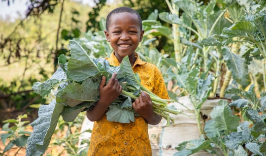 little boy smiling holding lettuce