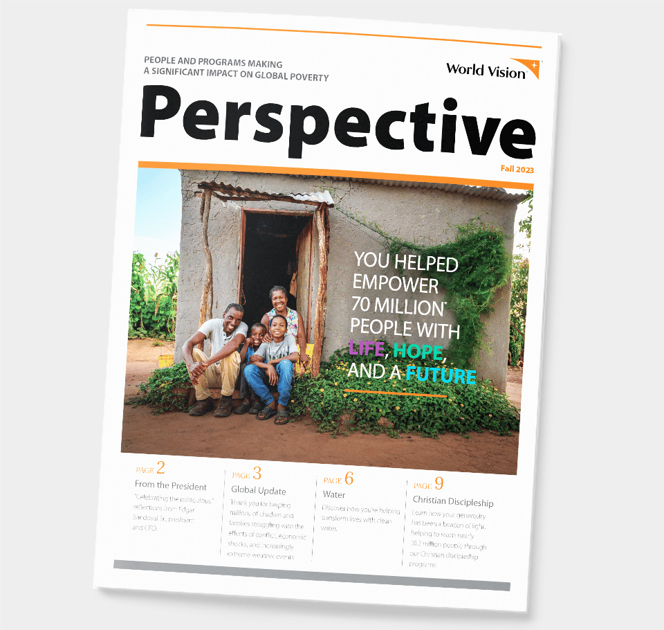 Cover of newsletter with family smiling. Texts says: “You helped empower 70 million people with life, hope and a future.”