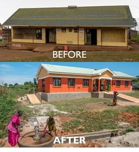 A before-and-after photo illustrating the transformation of a healthcare facility from a ill-equipped building, to a fully-functioning health center with a water pump on premises.