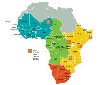 A map of the continent of Africa with locator pins in Niger, Uganda, Kenya, Somalia, and Zambia where World Vision works extensively.