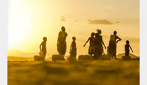 Rotating slideshow of 5 images: group walking at sunset, man swimming next to kayak, mother telling story to child in bedroom, girls with water jugs, child in wheelchair collecting water as community celebrates in background