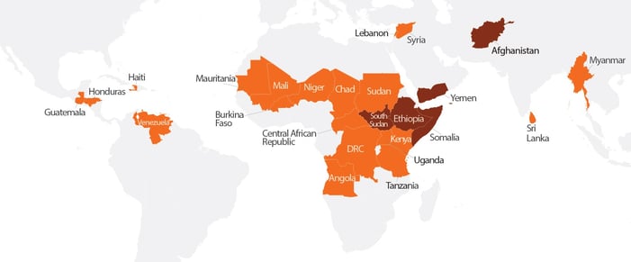 A map of the world highlighting the 25 countries where World Vision is responding to the global hunger crisis.